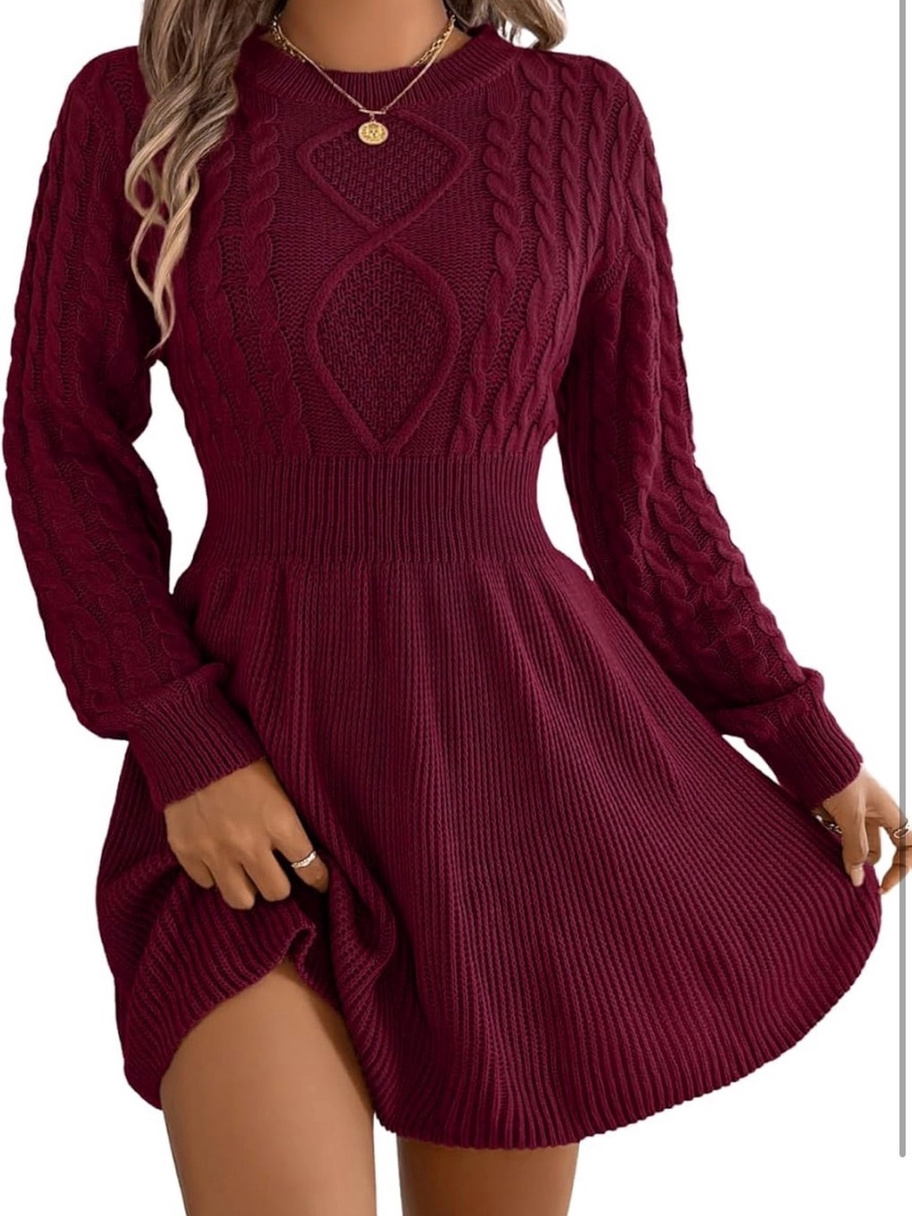 Cable Knit Long Sleeve Fit-and-Flare Dress in Burgundy Wine, Small
